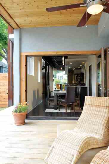 
Folding, accordian-style porch and balcony doors open the home fully to the outdoors.

